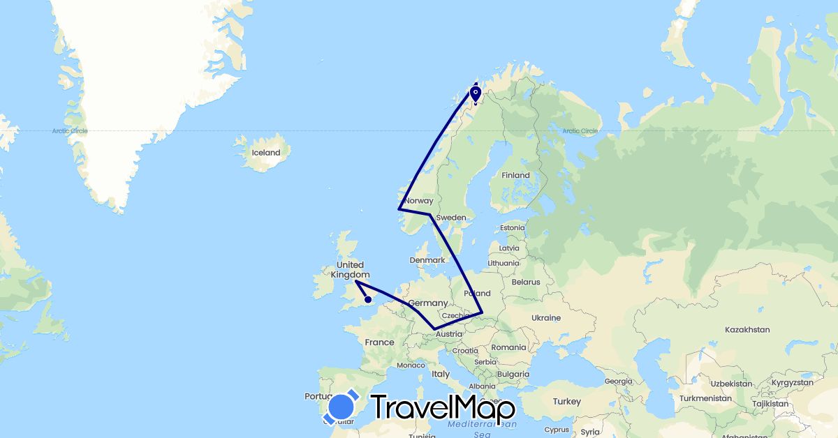 TravelMap itinerary: driving in Germany, United Kingdom, Netherlands, Norway, Poland, Sweden (Europe)